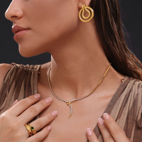 Snake Necklace Stainless Steel 18K Gold Plated Zircon Encrusted Snake Bone Chain Y-Lariat For Women Vintage Luxury Style