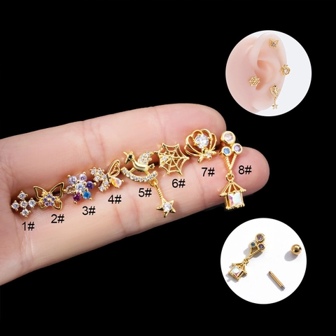 Kraakbeen Studs Roestvrij Staal Oorbellen Zirkonia Vlinder Bloem Schroefsluiting Mode Sieraden Voor Dames