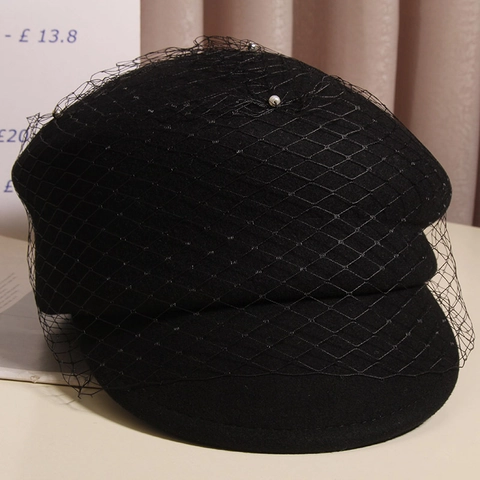 Women Woolen Newsboy Cap With Mesh Veil And Artificial Pearl Vintage British Style Octagonal Beret Hat For Autumn Winter