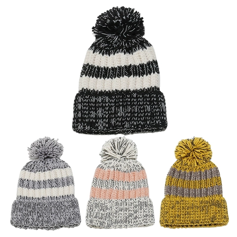 Striped Knit Beanie Hat Pom Pom Thick Warm Acrylic Winter Skull Cap Outdoor Sports Women Men