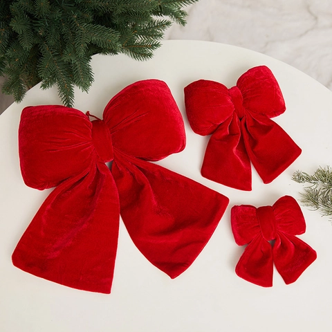Red Velvet Christmas Bow Ornament Flocked Ribbon Tree Decoration Large Festive Hanging Pendant For Holiday Scene Layout