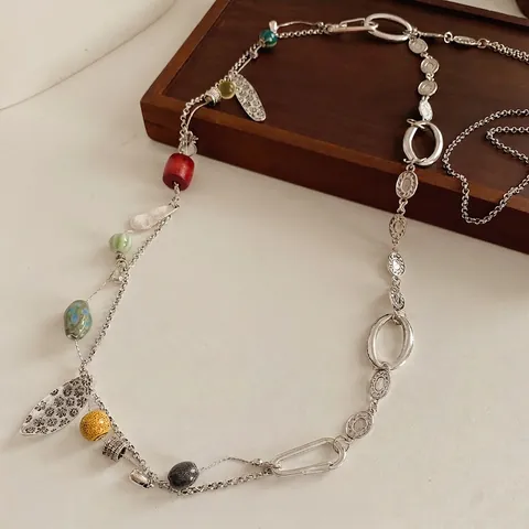 Retro Ethnic Long Necklace Waist Chain Colorful Ceramic Beads Alloy Leaf Pendant Bohemian Body Jewelry Women