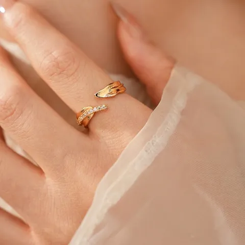 Irregular Leaf Open Ring Copper Gold Plated With Zircon Adjustable Elegant Jewelry For Women