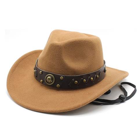 Chapeau De Cowboy Western Feutre Bord Large Bande Cuir Rivet Corde Vent Réglable Rétro Fedora Hommes Femmes