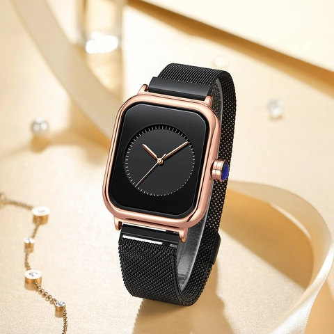 Women Quartz Watch Square Minimalist Waterproof Fashion Wristwatch With Alloy Case And Stainless Steel Mesh Or Silicone Strap