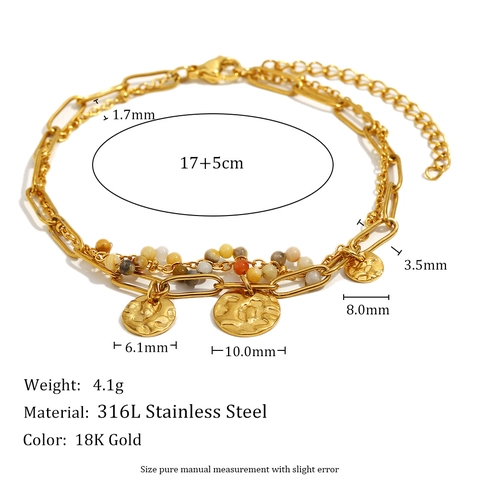 Double Layer Chain Bracelet 18K Gold Plated Stainless Steel Round Coin Pendant Colorful Beads Boho Vintage Jewelry For Women