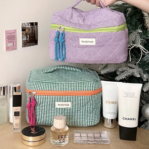 Quilted Cotton Checkered Makeup Bag Contrast Color Travel Cosmetic Pouch Portable Handheld Storage Case For Women