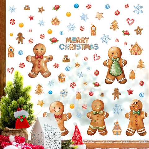 Christmas Window Stickers Gingerbread Man Snowflake PVC Static Cling Holiday Glass Decals Watercolor Cartoon Decor