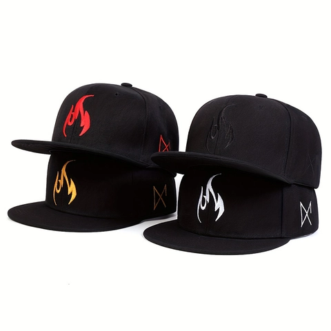 Cappellino da Baseball Hip Hop con Bordo Piatto Ricamato a Fiamma Unisex Streetwear All'aperto in Cotone Snapback