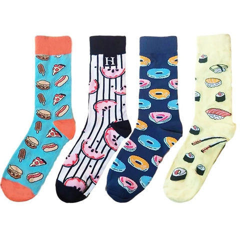 Novelty Food Print Crew Socks Cotton Blend Sushi Beer Fries Donuts Patterns Fun Trendy Style For Unisex Men Women