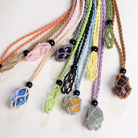 Collar De Bolsa De Red Tejida A Mano Piedra Natural Cristal En Bruto Amatista Citrino Cuerda Ajustable Colgante Boho Joyas