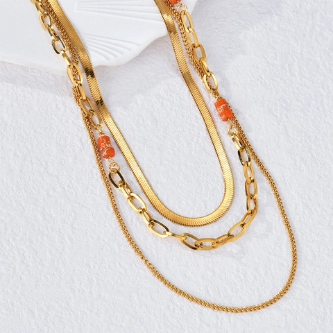 Triple Layered Necklace Gold Plated Stainless Steel Colorful Beads Bohemian Retro Fashion For Women