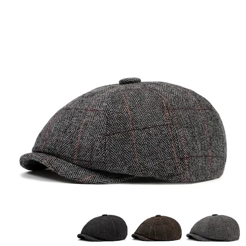 Heren Retro Newsboy Pet Wolmix Visgraatpatroon Britse Stijl Verstelbare Flatcap Warm Herfst Winter
