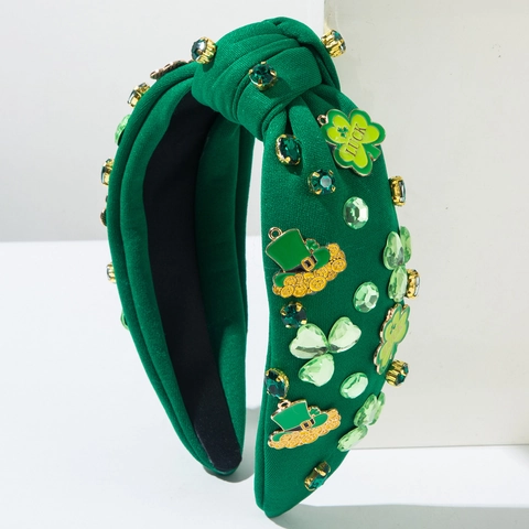 St Patrick's Day Headband Knotted Fabric Wide Hair Band With Green Rhinestone Clover Lucky Charm Leprechaun Hat For Women