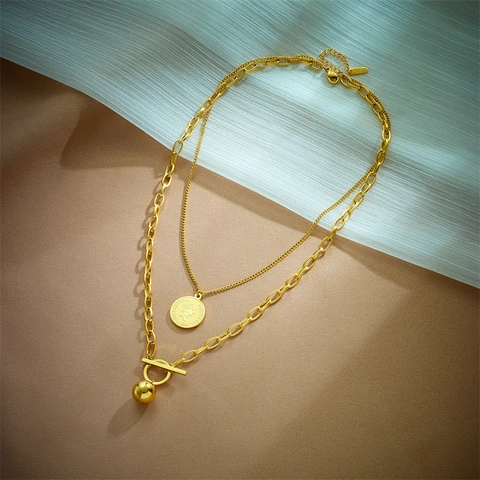 Collier Multi Rangs Vintage En Acier Inoxydable Plaqué Or Avec Pendentif Pièce Portrait Et Boule Fermoir Bascule Bijou Femme