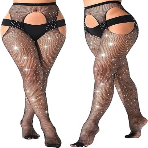 Sparkly Rhinestone Fishnet Tights Crotchless High Waist Hollow Out Sexy Nylon Hosiery Stockings Nightclub Party Clubwear