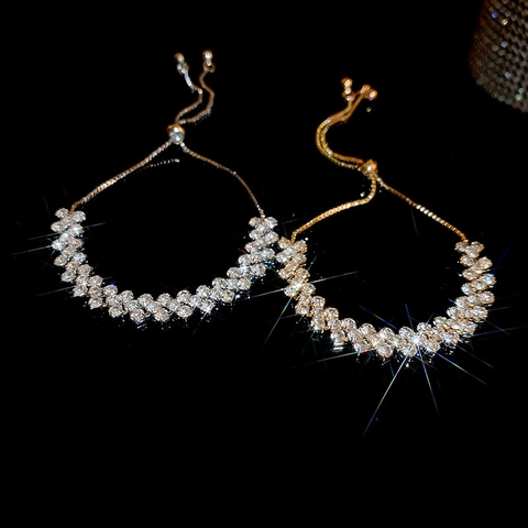 Bracciale Con Coulisse Regolabile Lega Strass Geometrico Doppio Strato Elegante Gioielli Alla Moda Per Donna