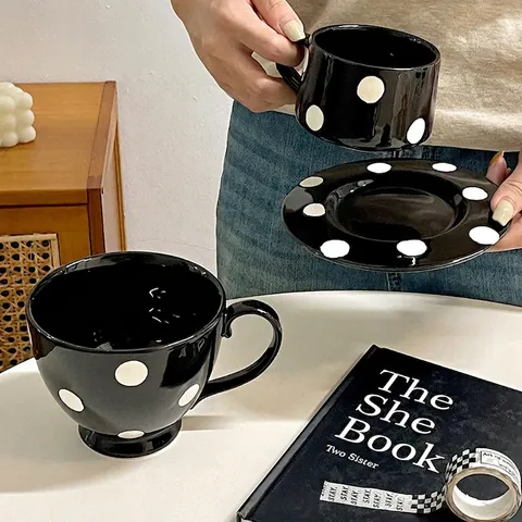 Retro Keramiktasse Mit Punkten Großes Fassungsvermögen Nordischer Stil Frühstück Kaffee Milch Wasserbecher Und Untertasse
