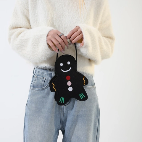 Sac Fourre-Tout en Feutre Bonhomme de Pain d'Épices de Noël Broderie Dessin Animé Sac à Bonbons de Fête pour Enfants Femmes