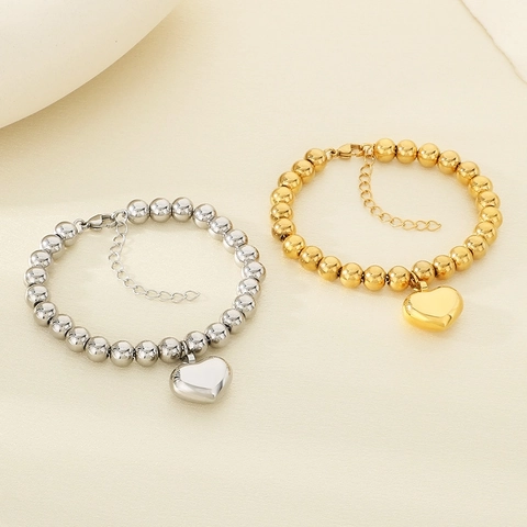 Pulsera Cuentas Acero Inoxidable Colgante Corazón Bañado En Oro 18K Cadena Extensible Ajustable Joyería Mujer