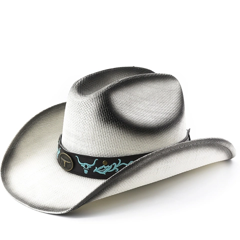 Western Cowboy Hat Wide Brim Woven Paper Straw Sun Protection Vintage Bull Head Badge Ethnic Jazz Style For Men Women