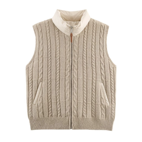 Gilet En Tricot Torsadé Pour Femmes Col Montant Fermeture Éclair Sans Manches Pull Matelassé Gilet Épais Décontracté