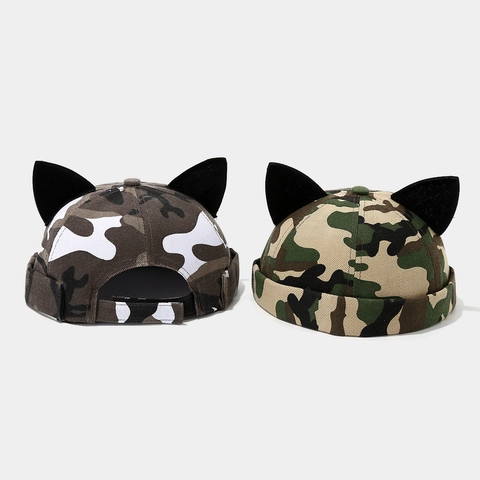 Camouflage Docker Hat Randlose Mütze Mit 3D Katzenohren Polyester Verstellbar Retro Hip Hop Streetwear Neuheit