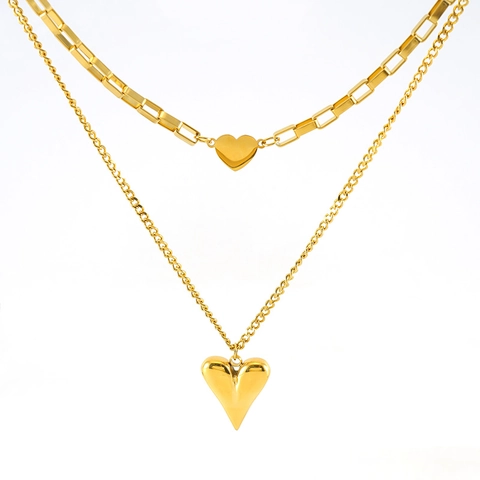 Collana A Doppio Strato Con Pendente A Cuore Acciaio Inossidabile Placcato Oro 18K Gioielli Cuore Retro Per Donna