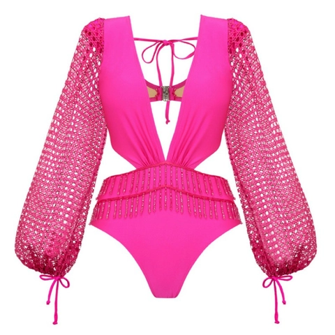 Damen Bademode Pink Lange Netzärmel Ausschnitt Quasten Monokini Bikini Rock Strandurlaub Resort Mode