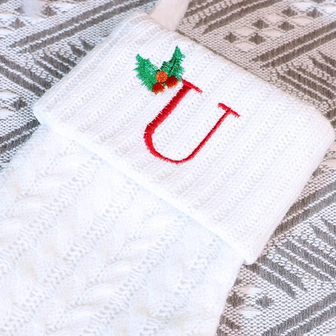 Christmas Stocking White Cable Knitted Red Embroidered Letter Ornament Holiday Home Decor Hanging Gift