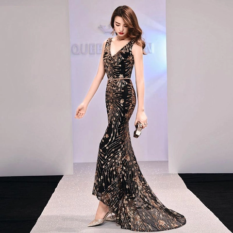 Pailletten V-Ausschnitt Ärmellos Meerjungfrau Abendkleid Lang Formelle Party Abschlussballkleid Für Frauen Elegant