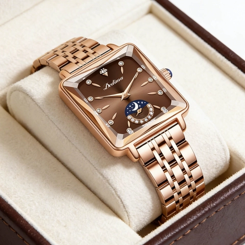 Montre à Quartz Pour Femmes Rectangulaire Avec Phases de la Lune Soleil Lune Étoile Accents de Strass Bracelet en Métal