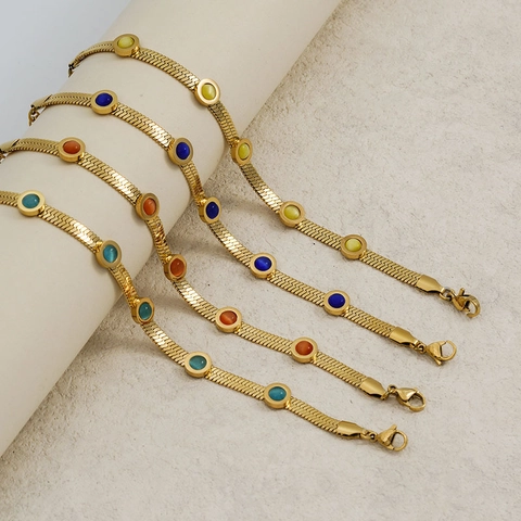 Bracciale A Catena Serpente In Acciaio Inossidabile 304 Placcato Oro 18K Con Pietre Rotonde Colorate Per Donna Elegante