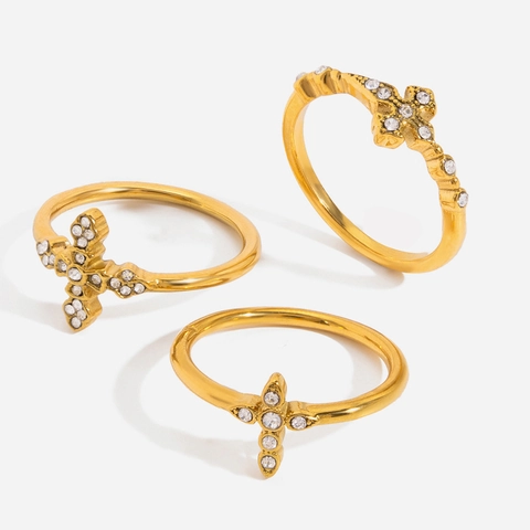 Anello a Croce in Acciaio Inossidabile Placcato Oro per Donna Con Strass Intarsiati Gioiello da Dito Geometrico