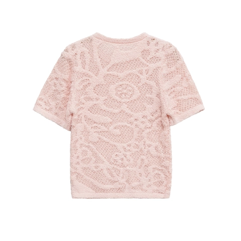 Damen Strick Kurzarm Top Blumen Textur Flauschig Boucle Rundhals Lässig Weich Chic Pastell Rosa Strickwaren Tee