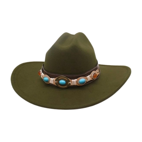 French Flat Brim Fedora Hat Ethnic Style Wide Brim Cowboy Jazz Hat Cotton Blend Fedora With Turquoise Belt For Travel Women Men