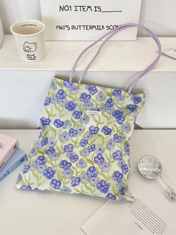 Floral Tote Bag Canvas Fabric With Artificial Pearl Chain Decoration For Women Daily Use Fresh Artistic Style Purple Iris Print