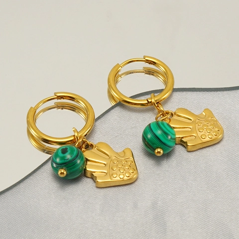 Vintage Creolen 18K Vergoldeter Edelstahl Mit Natürlicher Malachit-Perle Und Hamsa-Hand-Anhänger Für Damen