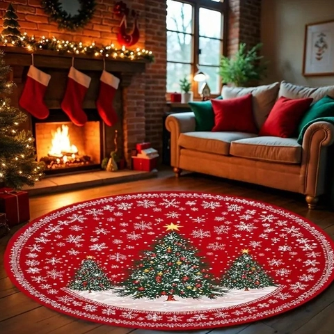 Kerst Tapijt Rond Faux Kasjmier Polyester Sneeuwpop Kerstman 3D Patroon Antislip Vloerkleed Woonkamer Decoratie