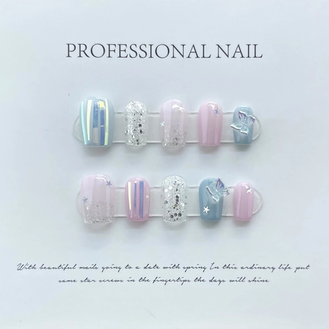 Unghie Finte Fatte A Mano Viola Blu Argento Glitter Farfalla Stella Decorazione Stile Dolce Lusso