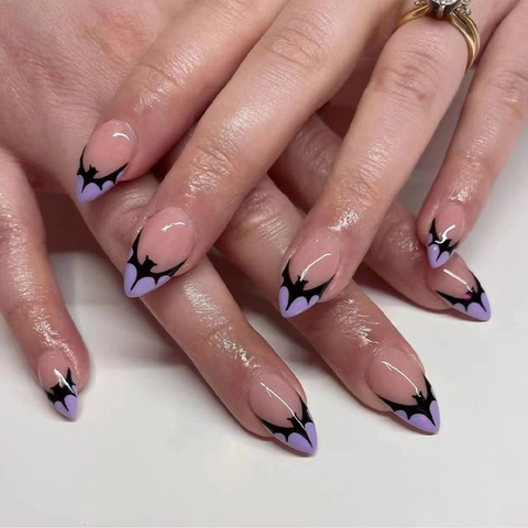 Halloween Press On Nails Detachable Long Almond Purple French Tips Black Bat Silhouette Gothic Party False Nails Women
