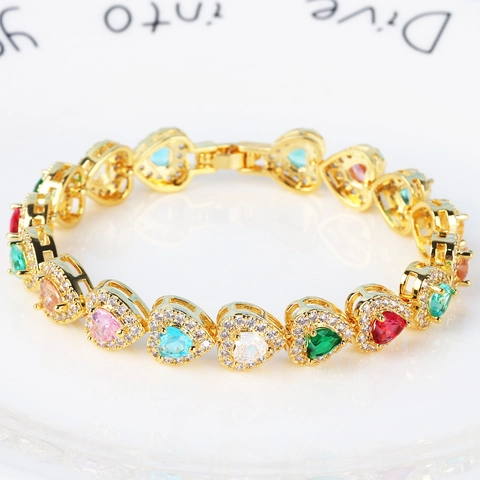 Bracelet À Maillons En Forme De Cœur Pour Femmes Cuivre Plaqué Or Avec Zircone Cubique Colorée Bijoux De Luxe Simples