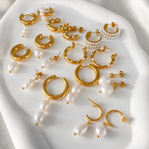 Créoles Luxueuses en Acier Inoxydable et Perle Artificielle pour Femmes Minimaliste Or Argent Plaqué Strass Géométrique Boucles d'Oreilles Perle Baroque