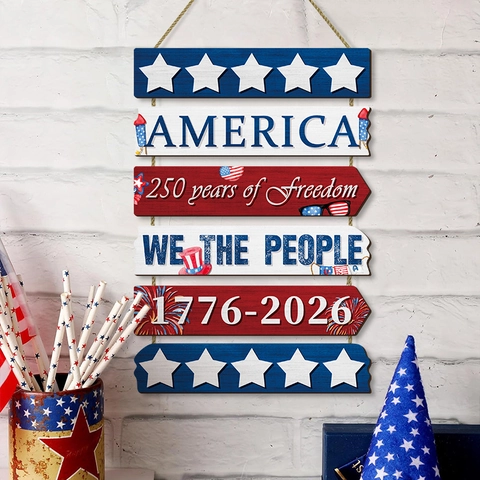 Letrero Colgante De Madera Del Día De La Independencia De América Patriótico Libertad Decoración Hogar Rojo Blanco Azul Estrellas Rústico