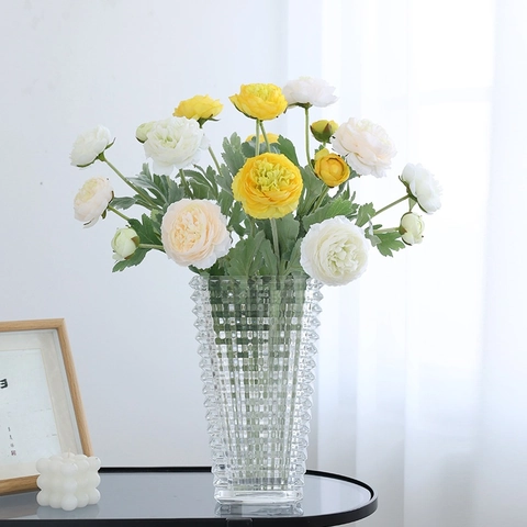 Artificial Ranunculus Satin Flower Branch Faux Persian Buttercup Flocked Stem Home Wedding Party Decorative Floral Arrangement