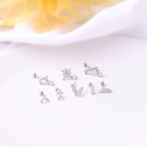 Korean Style Cartilage Piercing Studs Stainless Steel Post Copper Zircon Inlaid Butterfly Star Helix Earrings Screw Back