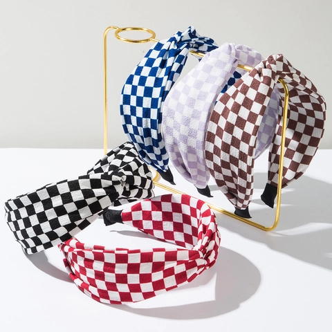 Checkerboard Fabric Headband For Women With Top Knot Twist Wide Side Hair Hoop Retro French Grid Accessories