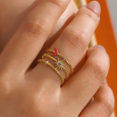 Hemelse Open Ring Roestvrij Staal Verguld Meerdere Lagen Zon Maan Ster Kleurrijke Emaille Vintage Boho Sieraden Voor Dames