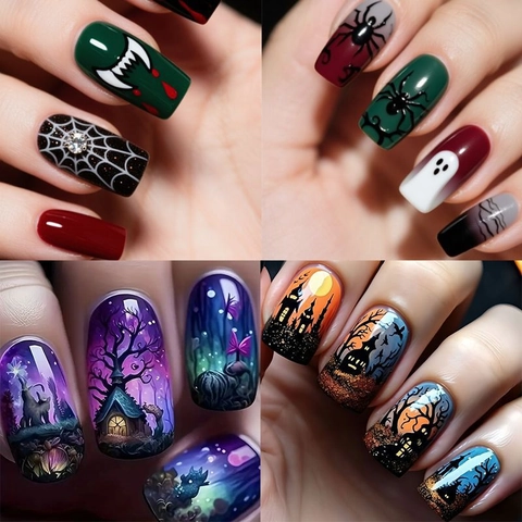 Halloween Press On Nagels Medium Vierkant ABS Kunstnagels Pompoen Vleermuis Spinnenweb Gothic Dark Style Voor Vrouwen