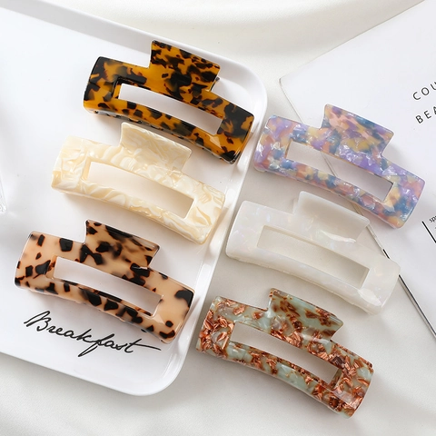 Large Hair Claw Clip Acetate Acrylic Rectangular Hollow Marble Tortoise Pattern Fashion Elegant Accessories For Women